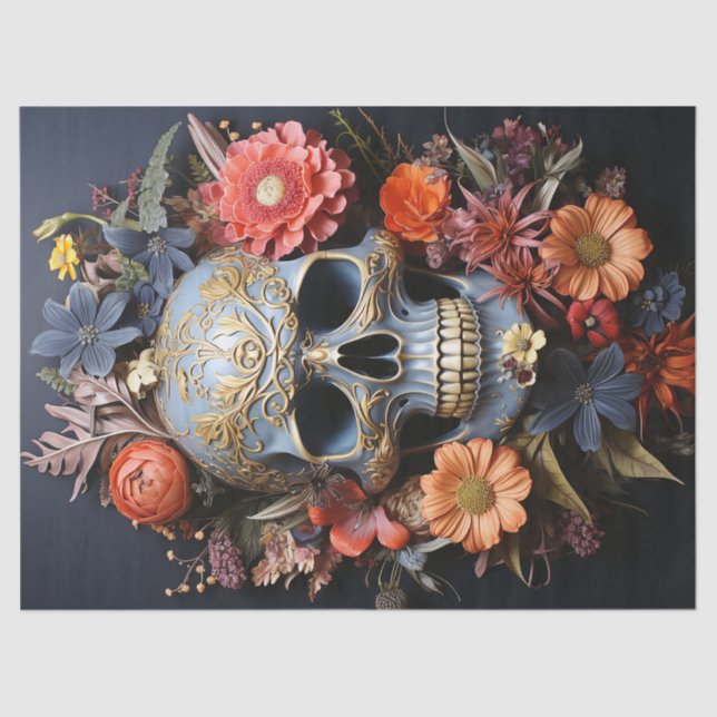 Papier Mousseline Crâne textrudé floral dans découpage bleu (Recto)