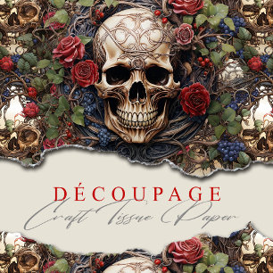 Papier Mousseline Crânes et Rose Bleu Floral Gothique