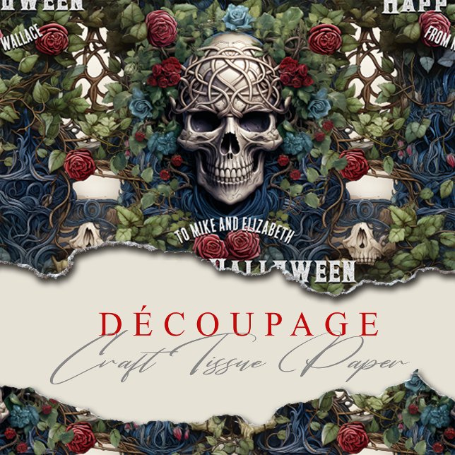 Papier Mousseline Crânes et Rose Bleu Floral Gothique Halloween (Créateur téléchargé)
