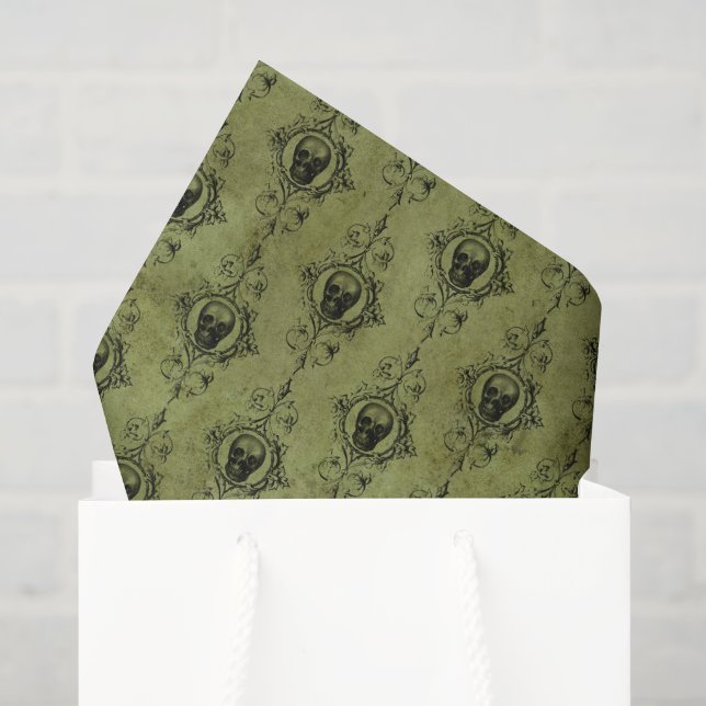Papier Mousseline Crânes Vintages vertes (Sac cadeau)