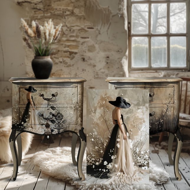 Papier Mousseline Cravate noire, Elegant Portrait Femme & Floral (Black Tie, Elegant, Rustic, Floral Blossoms Portrait Art, Decoupage Tissue Paper.)