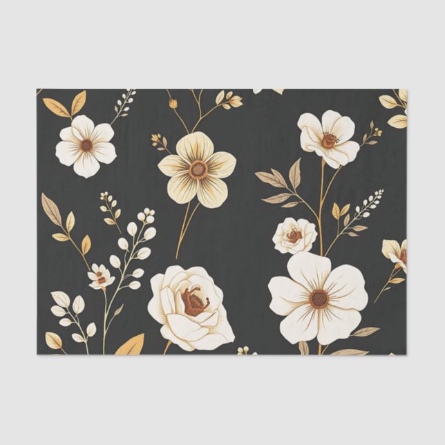 Papier Mousseline Cream Gold Floral Black Pattern (Recto)