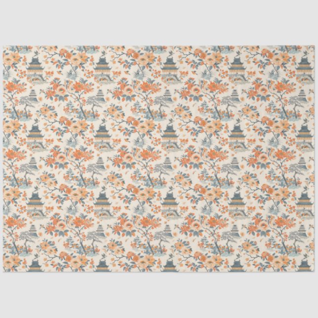 Papier Mousseline Cream Orange Floral House Chinoiserie (Recto)