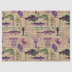 Papier Mousseline Créatures de mer violette et verte sur la dédécoup