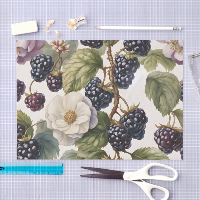 Papier Mousseline Crème Vintage et Botanique Mûre  (Artisanat)
