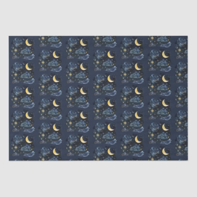 Papier Mousseline Crescent Moon Stars Céleste Blue Halloween (Recto)