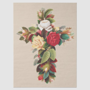 Papier Mousseline Croix de roses botanique vintage Art religieux