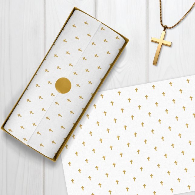 Papier Mousseline Croix - Faux Mustard Gold sur blanc (Crosses - Mustard Gold Tissue Paper)