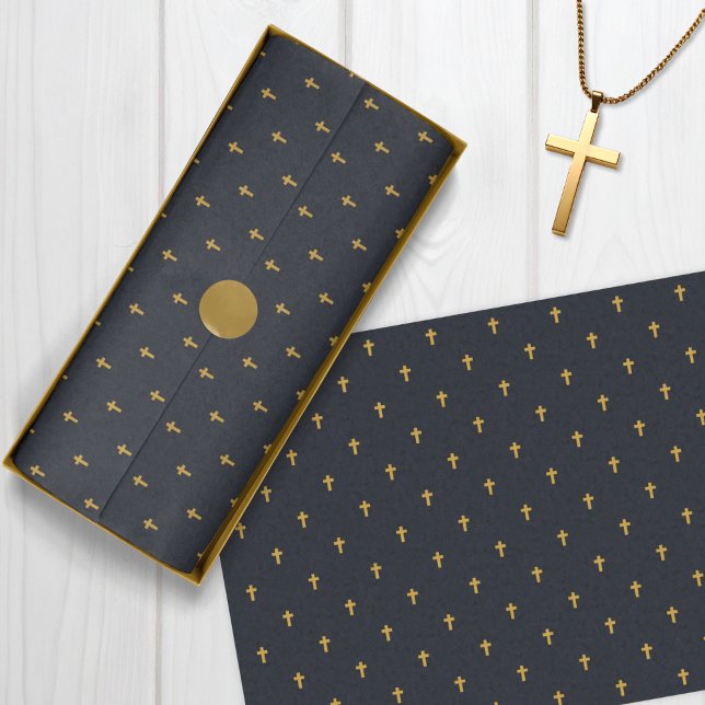 Papier Mousseline Croix - Faux Mustard Gold sur Graphite (Crosses - Faux Mustard Gold on Graphite Tissue Paper)