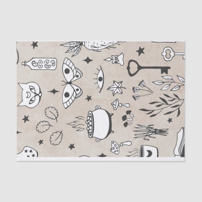 Papier Mousseline Croquis bouteille de chat papillon étoile feuille  (Recto)