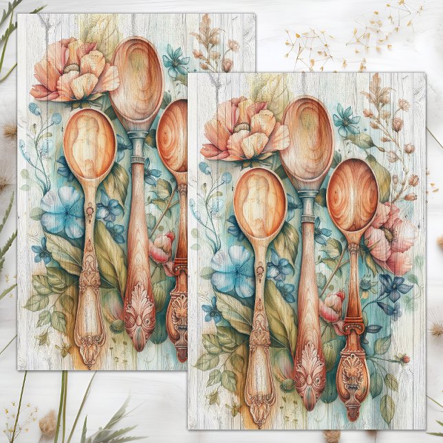 PAPIER MOUSSELINE CUILLERES EN BOIS DECOUPAGE FLORAL (WOODEN SPOONS FLORAL DECOUPAGE TISSUE PAPER)