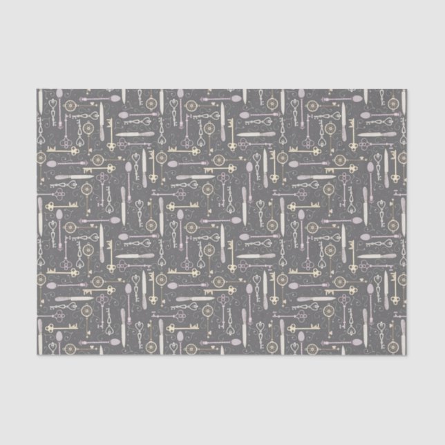 Papier Mousseline Cuillères vintages et clés sur gris (Recto)