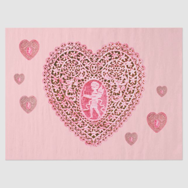Papier Mousseline CUPIDON RUBAN CŒUR Rose Rouge Saint-Valentin (Recto)