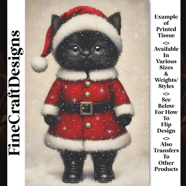 Papier Mousseline Cute Black Kitten Santa Claus tenue BW1 Découpage (Créateur téléchargé)