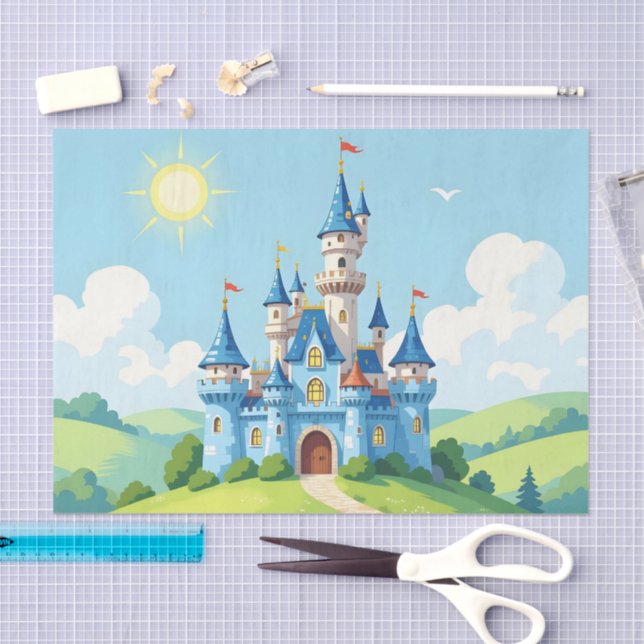 Papier Mousseline Cute blue and white castle (Artisanat)