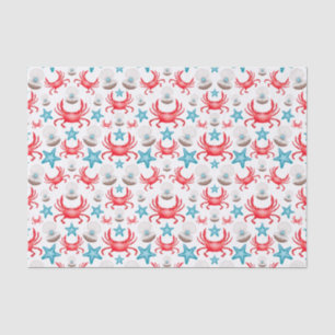 Papier Mousseline Cute Blue Coastal Seaside Crab & Shell Motif