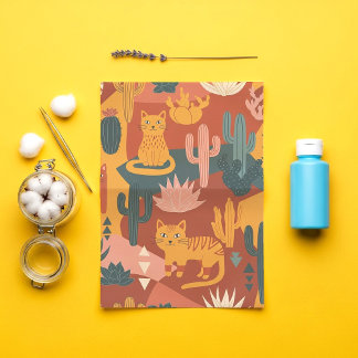 Papier Mousseline Cute Boho Desert Cats Cactus Succulent Pattern