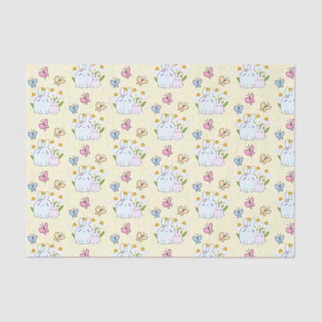Papier Mousseline Cute Bunnies avec marguerites et papillons Motif (Recto)