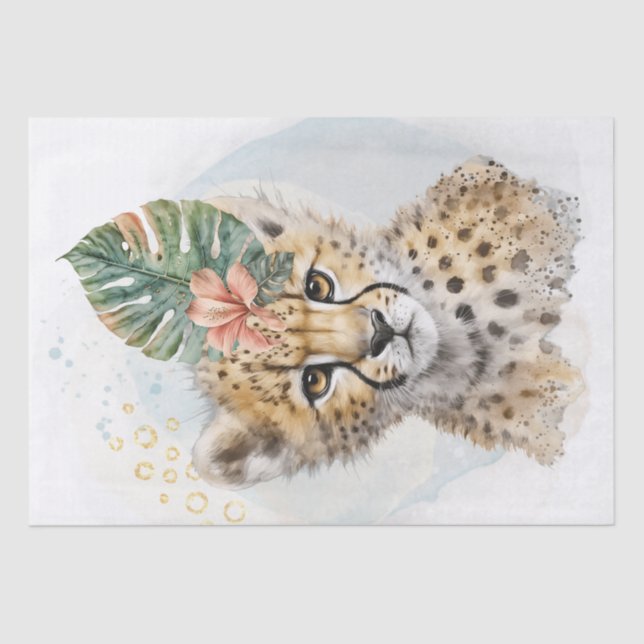 Papier Mousseline Cute Cheetah Cub Floral Wild Cat Aquarelle (Recto)