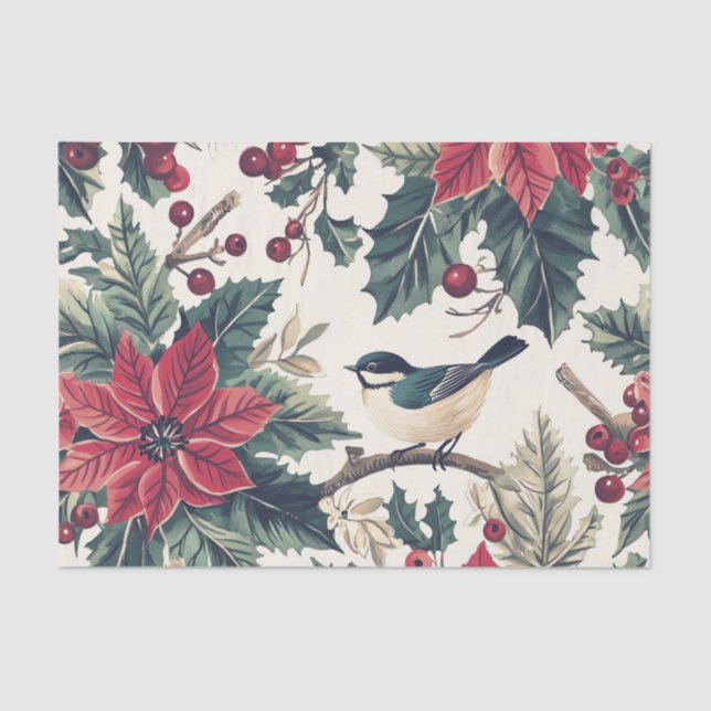 Papier Mousseline Cute Chickadee on a Holly Branch with Poinsettias (Recto)