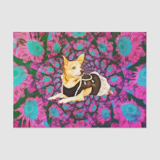 Papier Mousseline Cute Chihuahua Floral Rose Turquoise Boho Dog Art (Recto)
