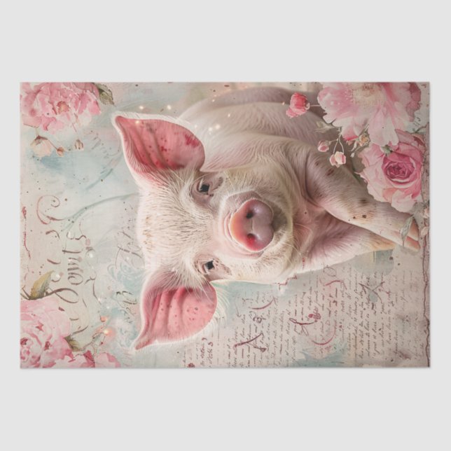Papier Mousseline Cute Cochon Blush Roses Floral Shabby Découpage (Recto)