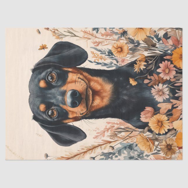 Papier Mousseline Cute Dachshund avec Découpage Fleur sauvage (Recto)