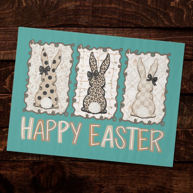 Papier Mousseline Cute Easter Bunny n Animal Print Brown Bows Teal  (Créateur téléchargé)