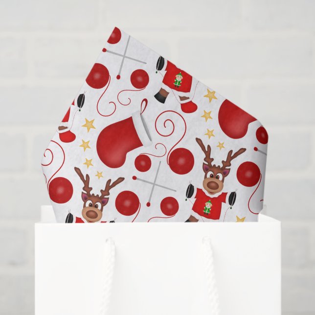 Papier Mousseline Cute Festive Red Christmas Reindeer (Sac cadeau)