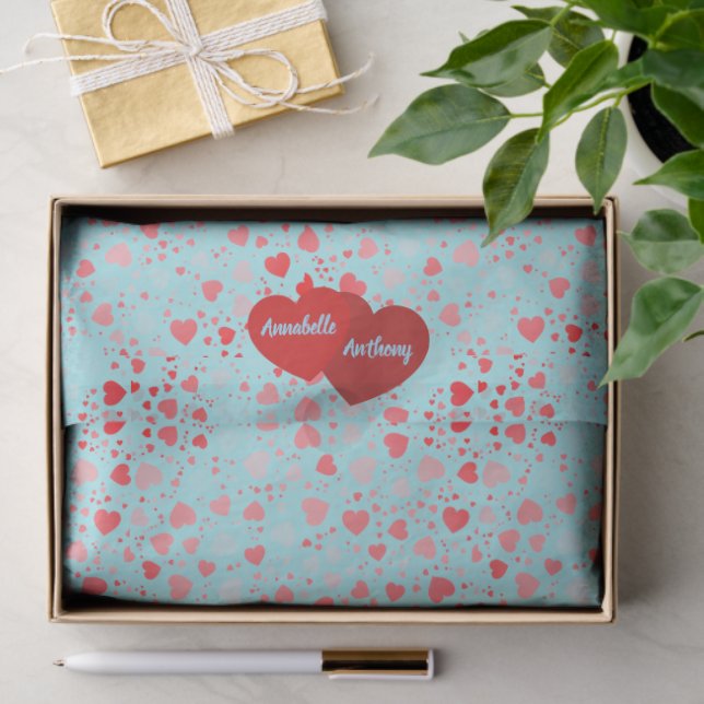 Papier Mousseline Cute Heart Pattern Aqua & Pink Red Name (Cadeau)