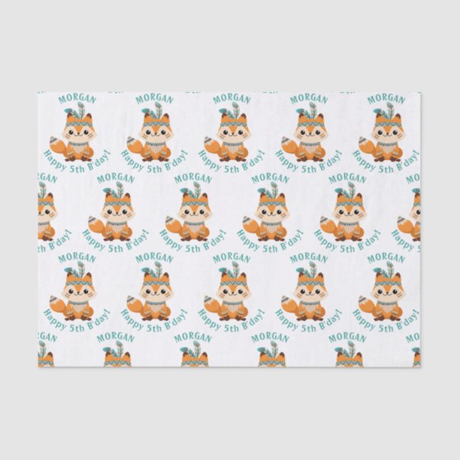 Papier Mousseline Cute Indian Fox, Personnaliser le nom et l'anniver (Recto)