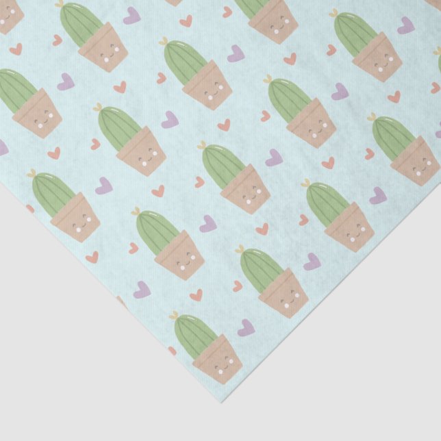 Papier Mousseline Cute Kawaii Cactus et Motif des Coeurs (Détail)