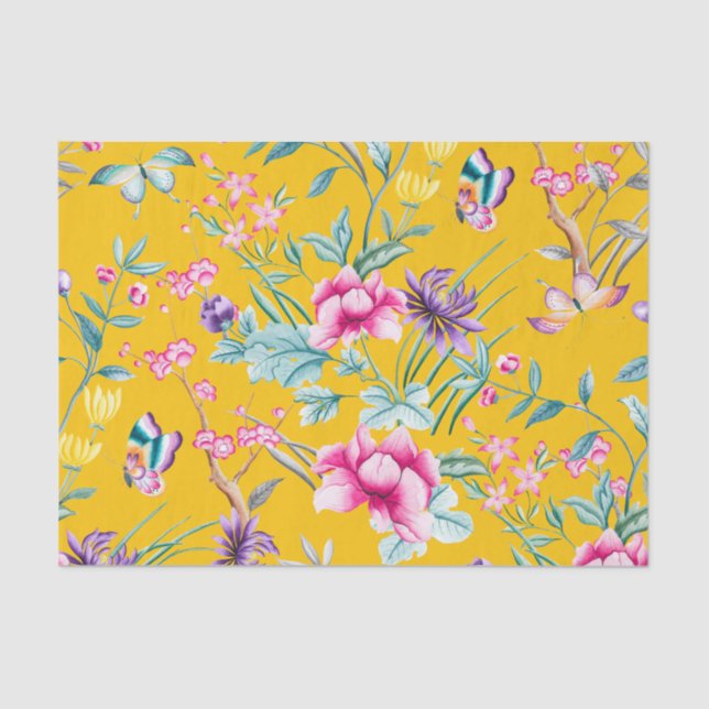 Papier Mousseline Cute moutarde Jaune Floral & Papillons Motif (Recto)