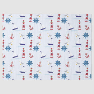 Papier Mousseline Cute Nautical Lighthouse Navire et Sea Gull bleu