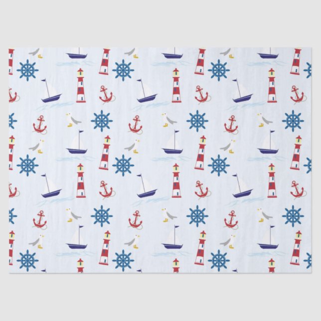 Papier Mousseline Cute Nautical Lighthouse Navire et Sea Gull bleu (Recto)