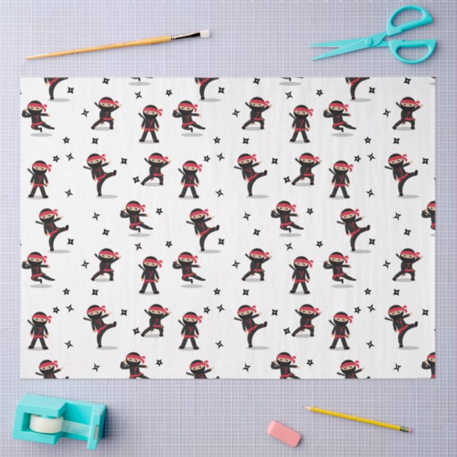 Papier Mousseline Cute Ninja Guerrier Enfants Noir & Rouge Motif (Artisanat)