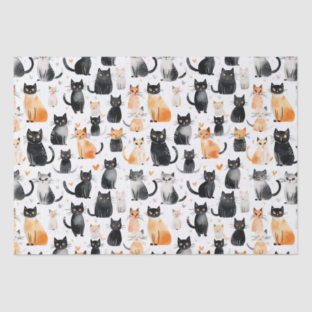 Papier Mousseline Cute Orange Blanc Noir Chats Anniversaire (Recto)