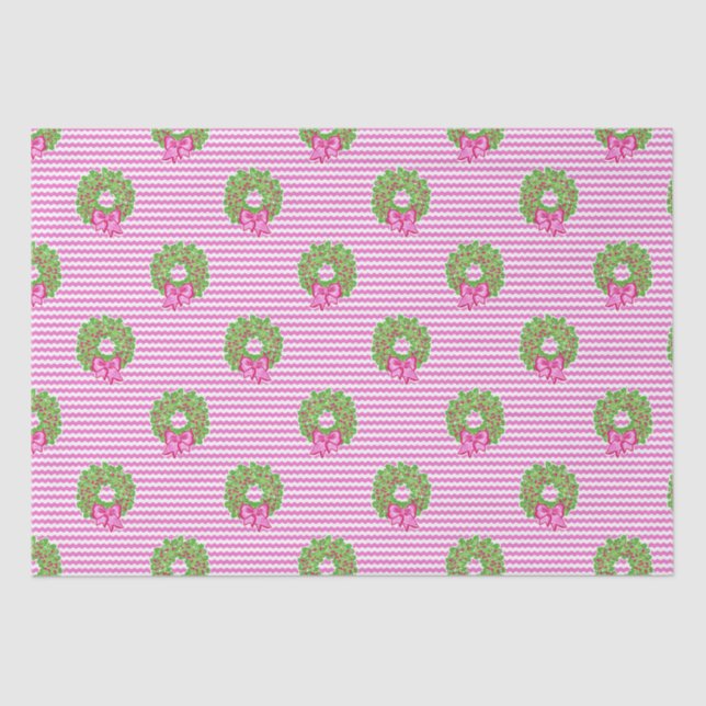 Papier Mousseline Cute Preppy Noël rose et vert Chevron Wreaths (Recto)