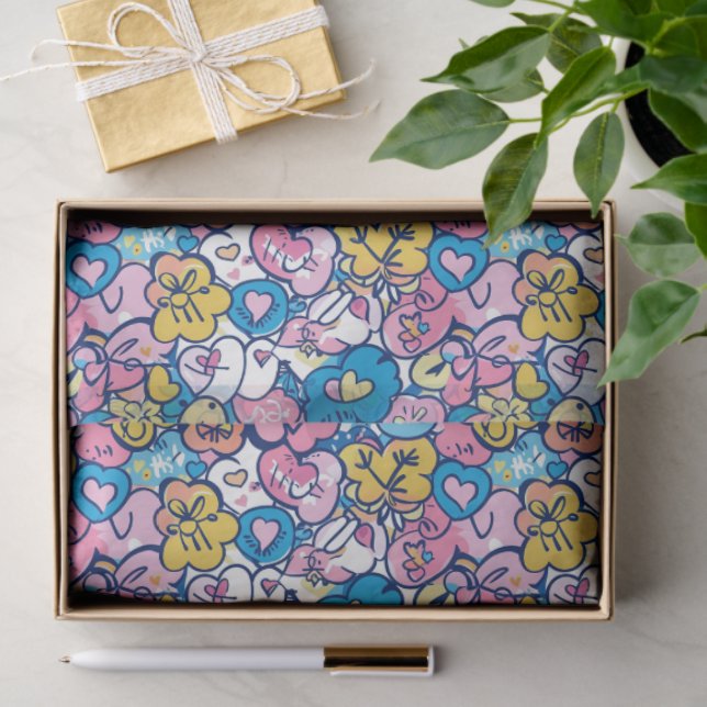 Papier Mousseline Cute Retro Doodle Hearts Love Artistic Pattern  (Cadeau)
