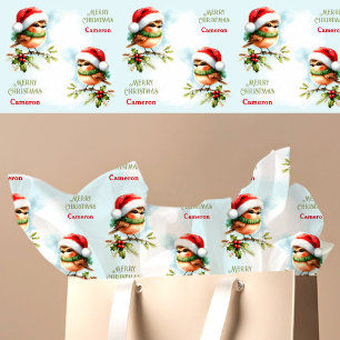 Papier Mousseline Cute Robin in Santa Hat Christmas Enfants Nom Text