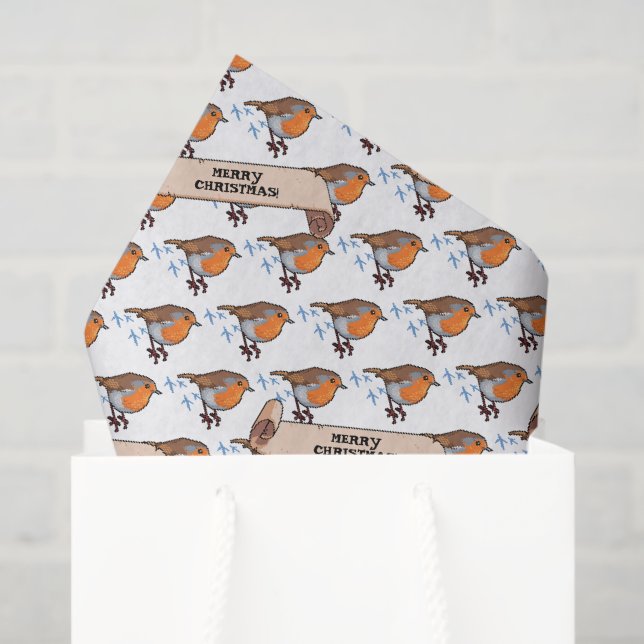 Papier Mousseline Cute Robin Joyeux Noël 80s Retro Motif d'oiseaux (Sac cadeau)