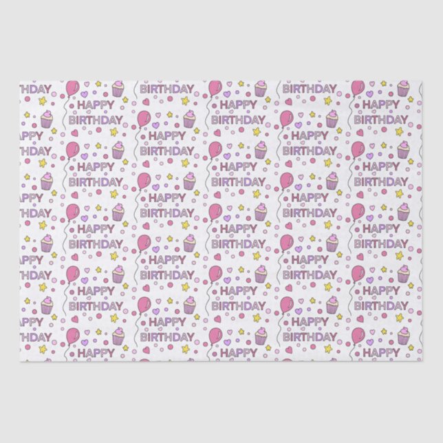 Papier Mousseline Cute Rose Joyeux Cupcakes d'anniversaire, étoiles  (Recto)