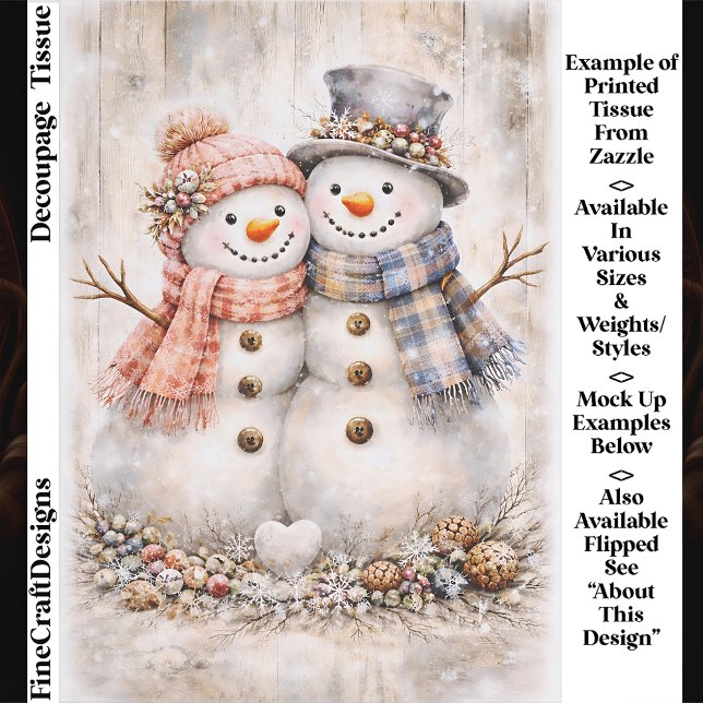Papier Mousseline Cute Shabby Chic Snowman Couple FG2L Decoupage (Créateur téléchargé)