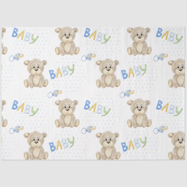 Papier Mousseline Cute Teddy Ours Bleu À petits pois Baby Boy (Recto)