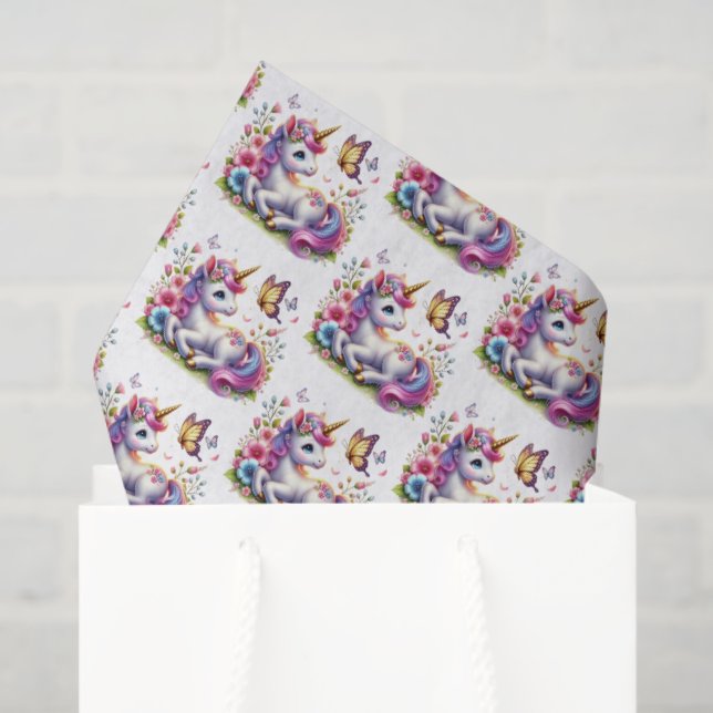 Papier Mousseline Cute tiled girls unicorn party  (Sac cadeau)
