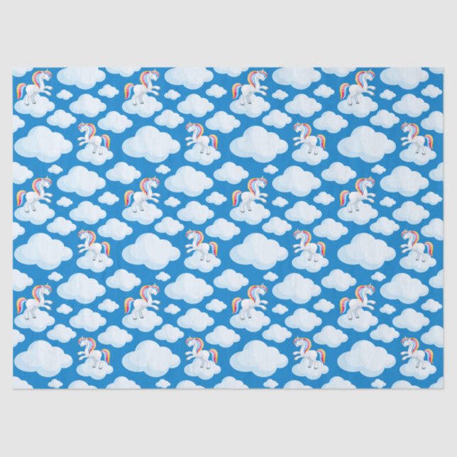 Papier Mousseline Cute Unicorn nuages Whimsical Motif bleu (Recto)