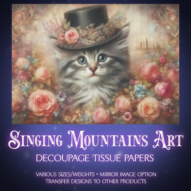 Papier Mousseline Cute Victorian Cat in Top Hat Decoupage  (Créateur téléchargé)