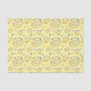 Papier Mousseline Cute Watercolor Chats et Fleurs Motif Jaune