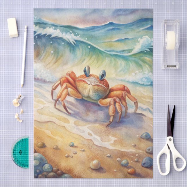 Papier Mousseline Cute Watercolor Crab on Beach Decoupage (Artisanat)
