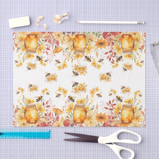 Papier Mousseline Cute Watercolor Honey Bees & Flowers (Artisanat)